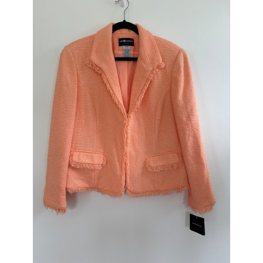 Sag Harbor Petite Peach Coral Tweed Fringe Blazer Jacket S52127 NWT 16P
